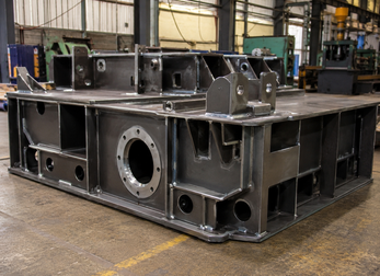 A metal machine base assembled and welded with laser technology, used for heavy-duty industrial equipment.